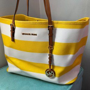 Michael Kors Yellow and White Striped Leather Tote